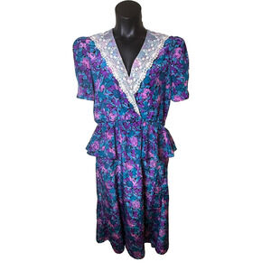 Pink Purple Teal Floral Lace Dress Peplum Puff Sleeve Large Jonathan Martin 80's